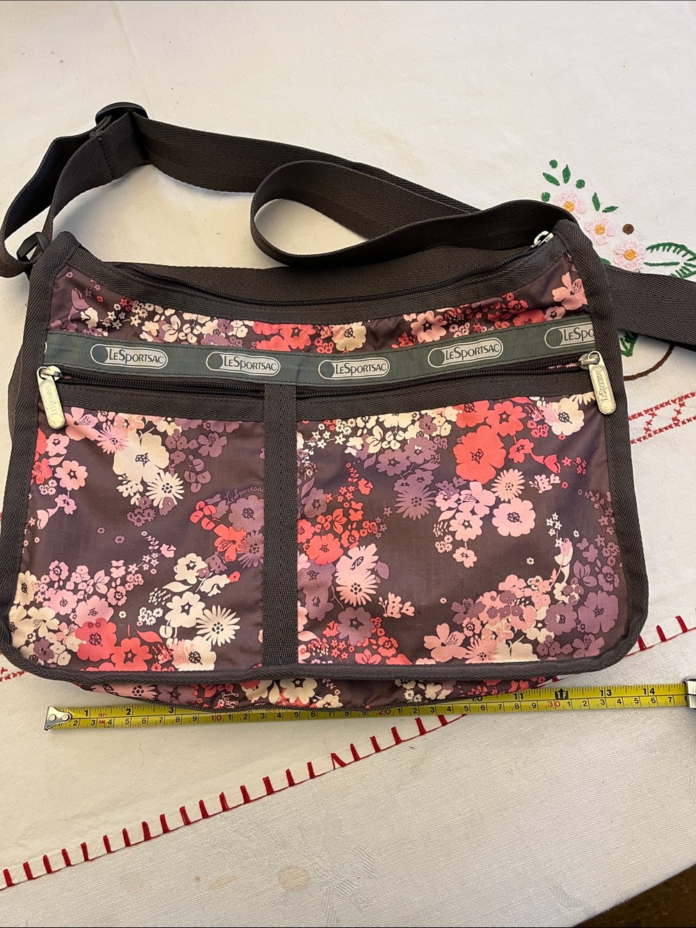 Lesportsac Plum Floral Nylon Crossbody Bag with Pink Accents